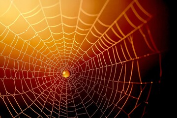 Fototapeta premium A close-up view of a spider web glistening in soft light, capturing intricate patterns and textures against a warm, blurred background.