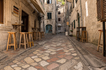 Picturesque medieval street in the old town district of the coastal city of Kotor