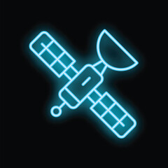 Blue neon satellite icon is glowing against a black background