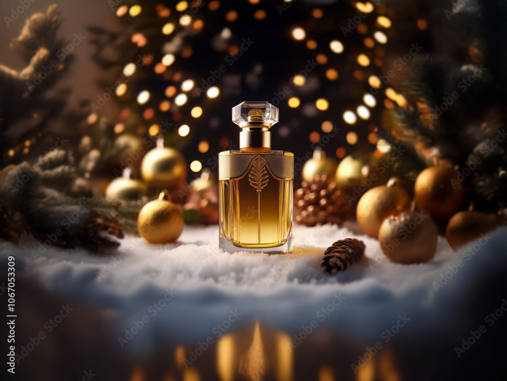 Poster a bottle of perfume sits on a snowy surface with a blurred background of a decorated christmas tree 