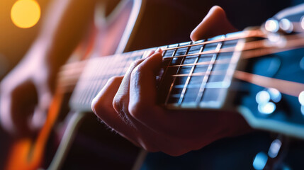 Fototapeta premium Close-up of a musician playing acoustic guitar during an evening performance with warm lighting and focused expression