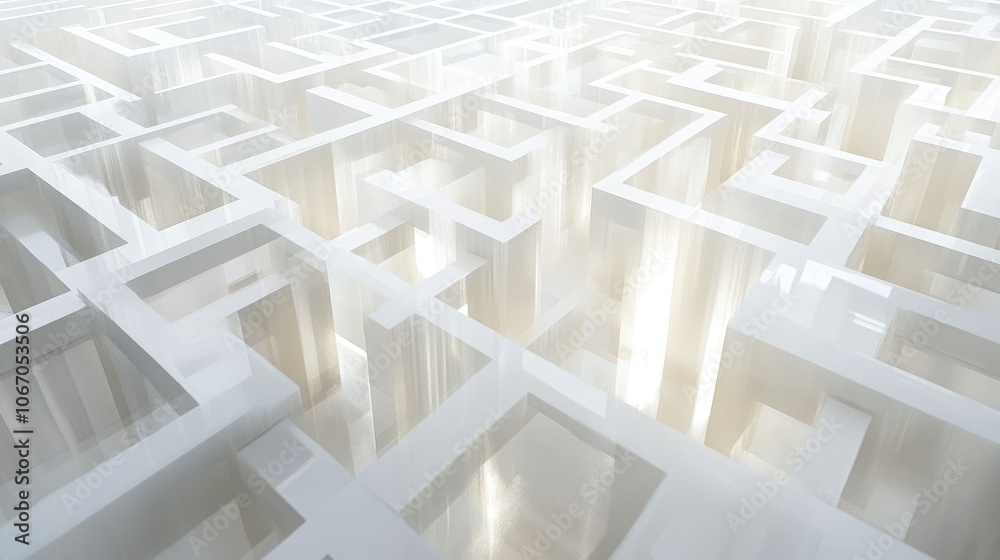 Fototapete white labyrinth with mirror panels reflecting sharp grid lines, casting complex light and shadow pat