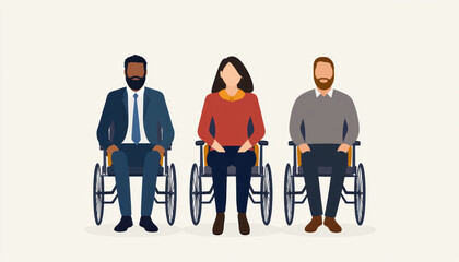 Obraz premium Three diverse individuals sitting in wheelchairs, representing inclusivity and empowerment in a minimalistic style.