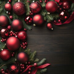 Festive Christmas decorations on rustic wooden background, red and green.