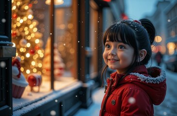 Adorable dark-haired little girl kid looking through the display window at Christmas decoration in the shop, new year, holyday,banner
