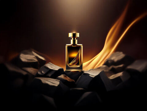 A glass perfume bottle with a gold cap sits on a pile of rocks. A soft golden light emanates from behind the bottle.