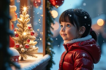 Adorable dark-haired little girl kid looking through the display window at Christmas decoration in the shop, new year, holyday,banner