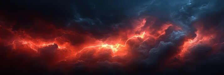 A bright, fiery lightning bolt illuminates the dark, stormy clouds above