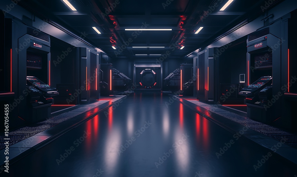 Aufkleber a futuristic corridor illuminated by red and white lights, featuring sleek walls and a glossy floor,