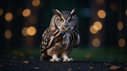 A majestic owl stares intently into the camera, surrounded by a bokeh background of warm lights