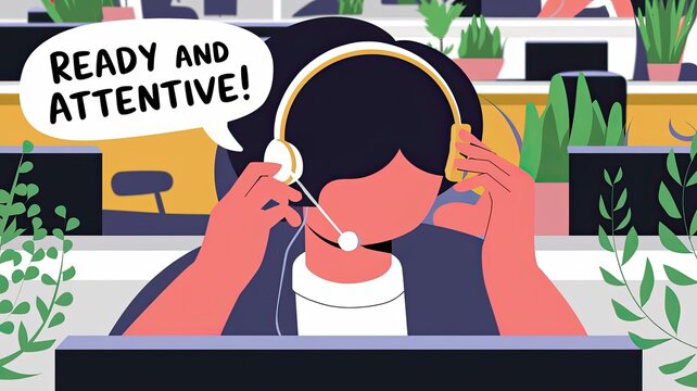 Customer service representative wearing headset, engaging and attentive in the workspace.