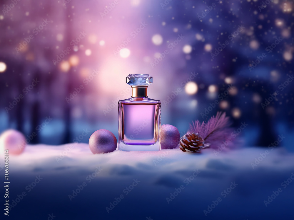 Poster a glass bottle of perfume sits on a snowy surface with pink ornaments and a pine cone, surrounded by