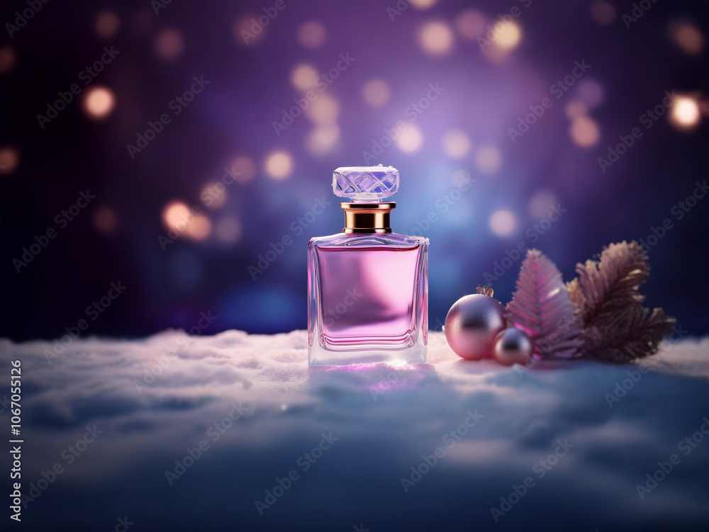 Poster a bottle of pink perfume sits on a snowy surface with festive decorations. the background is blurred