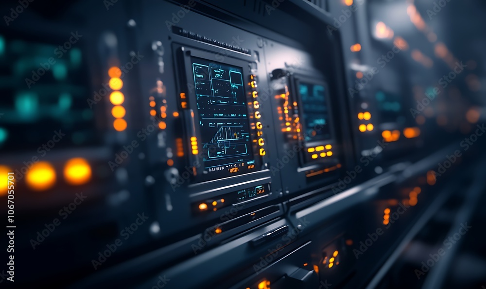 Aufkleber A close-up view of futuristic computing hardware, featuring glowing panels and intricate circuitry in a sleek, dark environment.