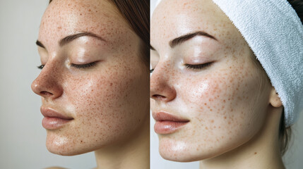 Transformation of a woman's skin condition after treatment showcasing freckles and radiant complexion during a skincare routine