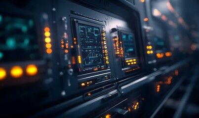 Fototapeta premium A close-up view of futuristic computing hardware, featuring glowing panels and intricate circuitry in a sleek, dark environment.