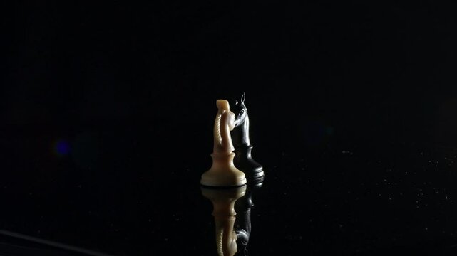 Black horse and white horse face by face on a crystal