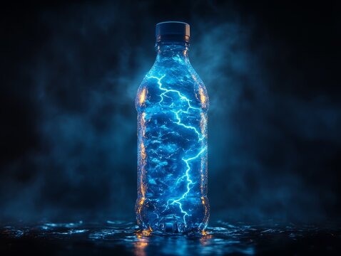 Sports drinks electrolytes electrolyte balance electric blue bottle with bolts of lightning-like patterns surrounding it set against a bold black backdrop to show power and balance, Photorealistic