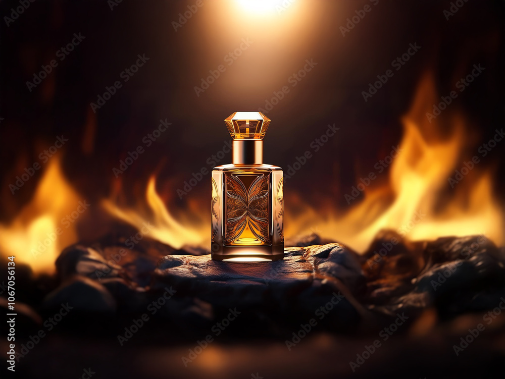 Poster a glass bottle of perfume sits on rocks in front of a fiery backdrop. the golden light from the flam