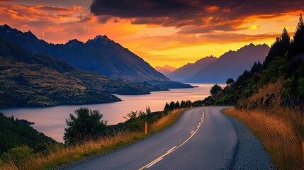 Scenic road along a river with mountains at sunset, colorful sky, peaceful landscape.