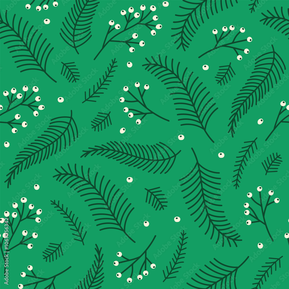 Aufkleber seamless pattern with spruce branches and rowan on a green background. christmas ornament for wrappi