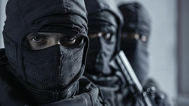 Masked criminals holding a gun exude threat and intimidation, hinting at illegal activities and potential violence