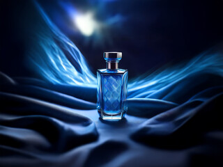 A glass bottle of perfume sits on a dark blue silk fabric with a blue light illuminating the scene.