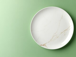 Empty plate with a sophisticated marbled design, captured in close-up with ambient light reflecting off its glossy surface, ideal for promoting premium dinnerware, Photorealistic