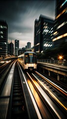 Fototapeta premium Urban train in motion, captured amidst tall skyscrapers and moody skies, illustrating the essence of modern city commuting.