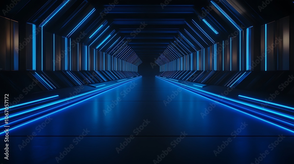 Poster a futuristic hallway illuminated by blue lights, featuring a sleek, dark environment that emphasizes