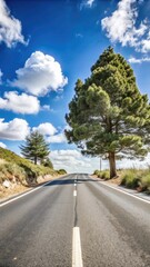 A scenic view of a road lined with lush trees under a vibrant blue sky with fluffy clouds, capturing the beauty of nature's tranquility.