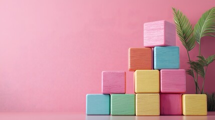 Colorful geometric wooden blocks stacked in ascending order on a pastel pink backdrop, showcasing a minimalist and educational aesthetic with soft studio lighting and modern design.