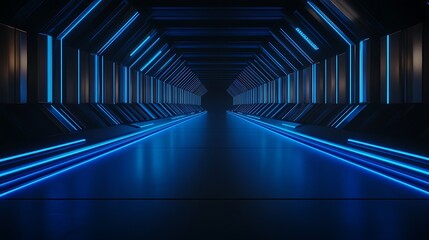 Fototapeta premium A futuristic hallway illuminated by blue lights, featuring a sleek, dark environment that emphasizes depth and perspective.