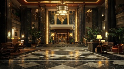 Obraz premium A Super Realistic 3D Hotel Lobby with Elegant Furnishings and Grand Decor