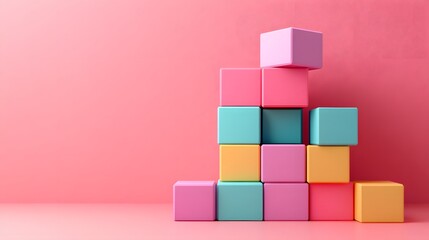 Colorful geometric wooden blocks stacked in ascending order on a pastel pink backdrop, showcasing a minimalist and educational aesthetic with soft studio lighting and modern design.