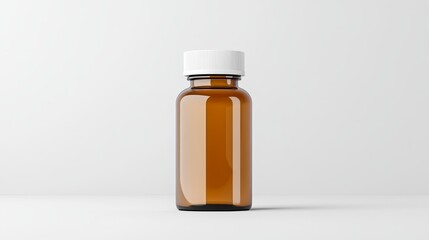 Close-up of an amber glass medicine bottle with a white safety cap, positioned on a clean white background, showcasing a clear prescription label with dosage instructions and expiration date