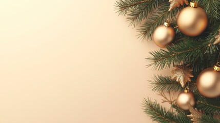 Elegant Christmas tree with golden balls on soft beige background.