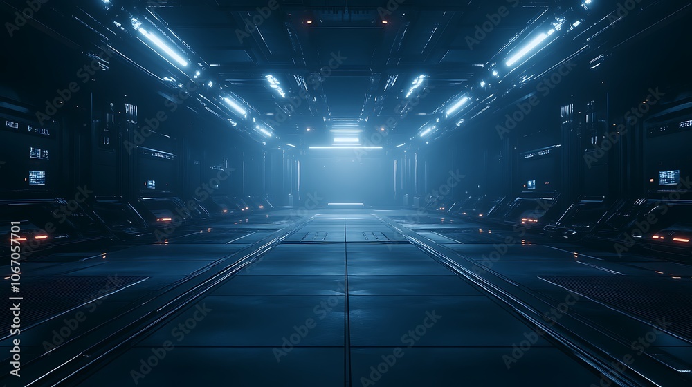 Poster a futuristic, illuminated corridor with a glowing blue light and a sleek design, creating a high-tec