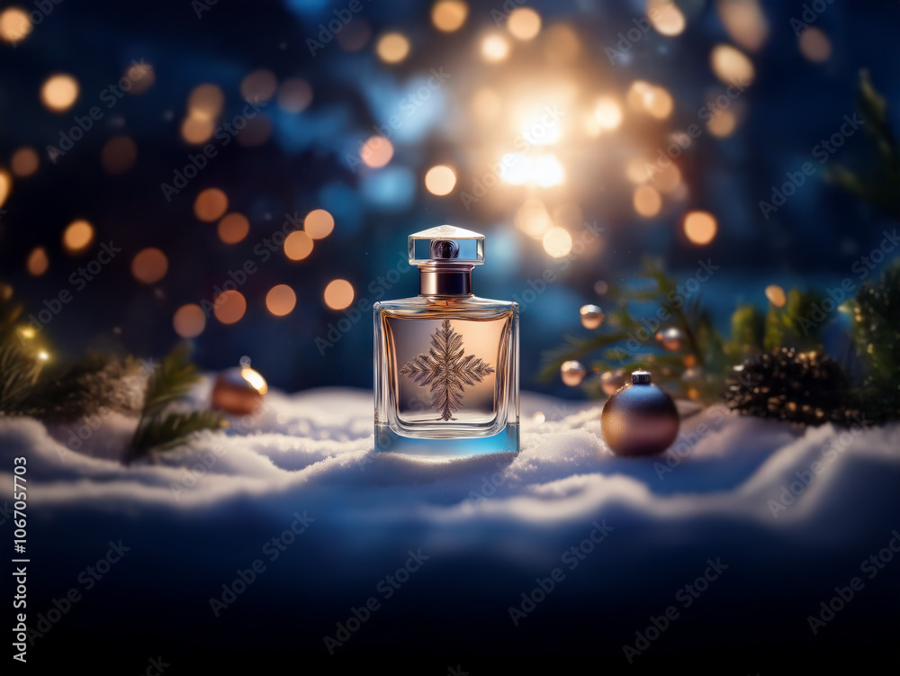 Poster a perfume bottle sits on a bed of snow with bokeh lights and winter greenery in the background.