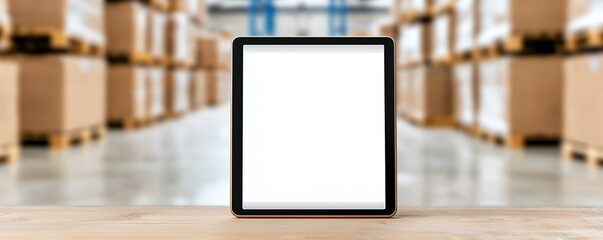 A blank digital display stands on a wooden surface in a warehouse filled with stacked boxes, emphasizing a spacious and organized environment.