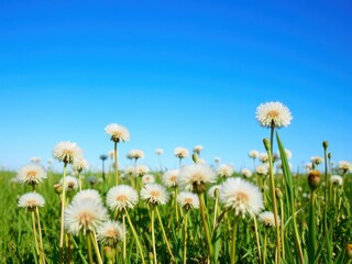 A scenic field filled with fluffy dandelions under a clear blue sky, flowers