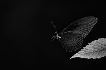 Obraz premium Butterfly soaring over leaf in darkness, wings illuminated softly.