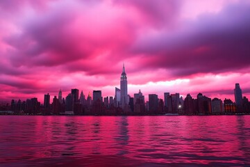 Obraz premium Manhattan skyline at sunset with vibrant orange and pink hues.