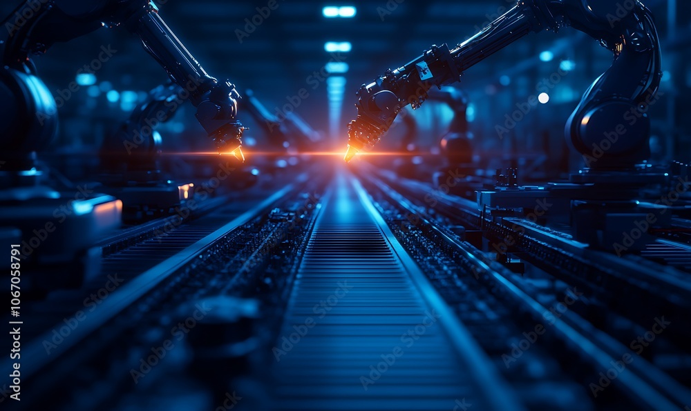 Poster a futuristic industrial scene featuring robotic arms engaged in a precision task, illuminated by bri