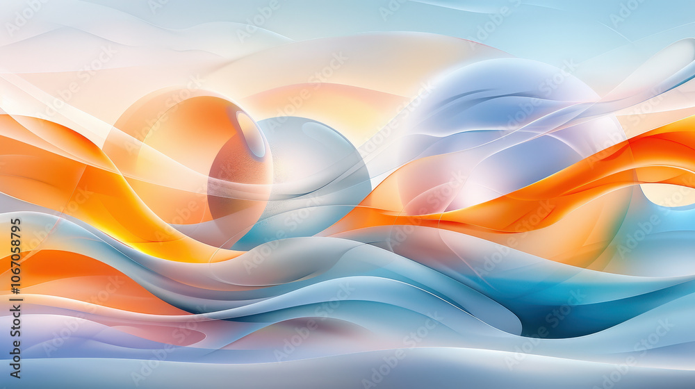 Poster flowing wavy lines create abstract design with soft colors and shapes, evoking sense of calm and tra
