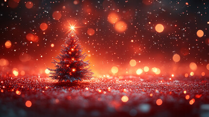 Naklejka premium Elegant Red Christmas Tree with Glimmering Red Lights evoking the warmth and joy of the holiday season