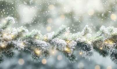 Glittering texture of a snow-dusted evergreen garland, with its soft needles and sparkling snow adding to the festive ambiance