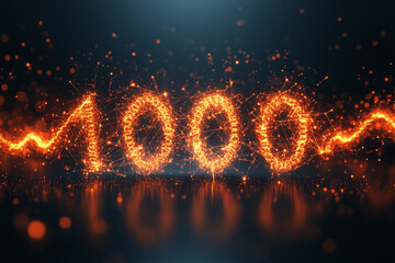 Connected digital particles forming a number "1000" concept of likes, followers or fans count