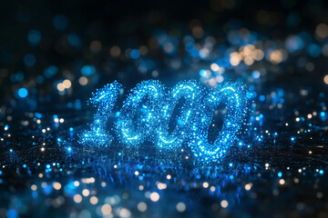 Connected digital particles forming a number "1000" concept of likes, followers or fans count
