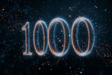 Connected digital particles forming a number "1000" concept of likes, followers or fans count